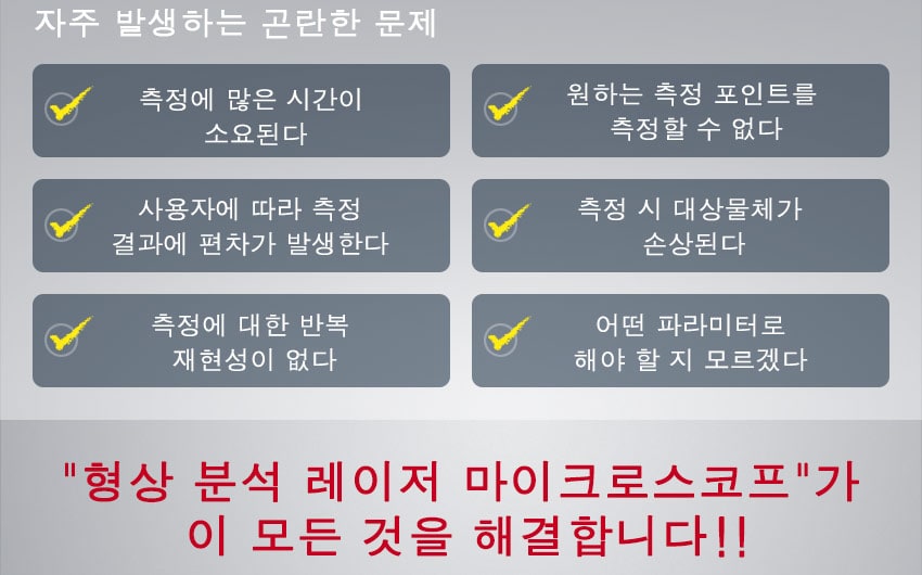 「자주 발생하는 곤란한 문제」측정에 많은 시간이 소요된다/원하는 측정 포인트를 측정할 수 없다/사용자에 따라 측정결과에 편차가 발생한다/측정 시 대상물체가 손상된다/측정 시 대상물체가 손상된다/측정에 대한 반복 재현성이 없다/어떤 파라미터로해야 할 지 모르겠다「"형상 분석 레이저 마이크로스코프"가이 모든 것을 해결합니다!!」