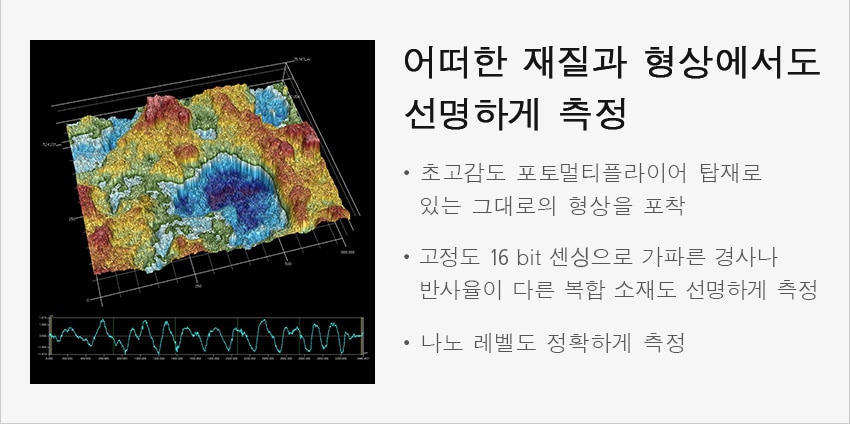 [어떠한 재질과 형상에서도 선명하게 측정] 초고감도 포토멀티플라이어 탑재로 있는 그대로의 형상을 포착. 고정도 16 bit 센싱으로 가파른 경사나 반사율이 다른 복합 소재도 선명하게 측정. 나노 레벨도 정확하게 측정